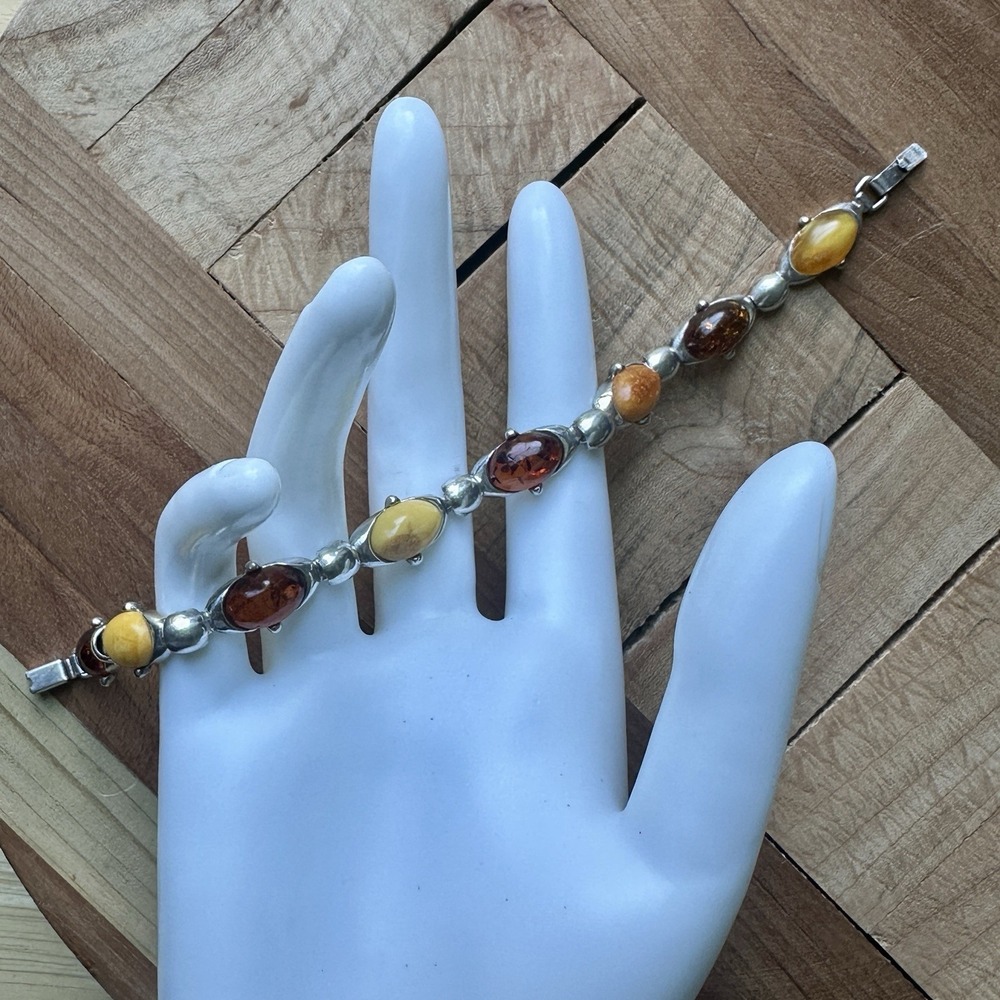 VTG‎ Tennis Link Bracelet 7.25 inches Baltic Amber Egg Yolk 925 Sterling 14.9g